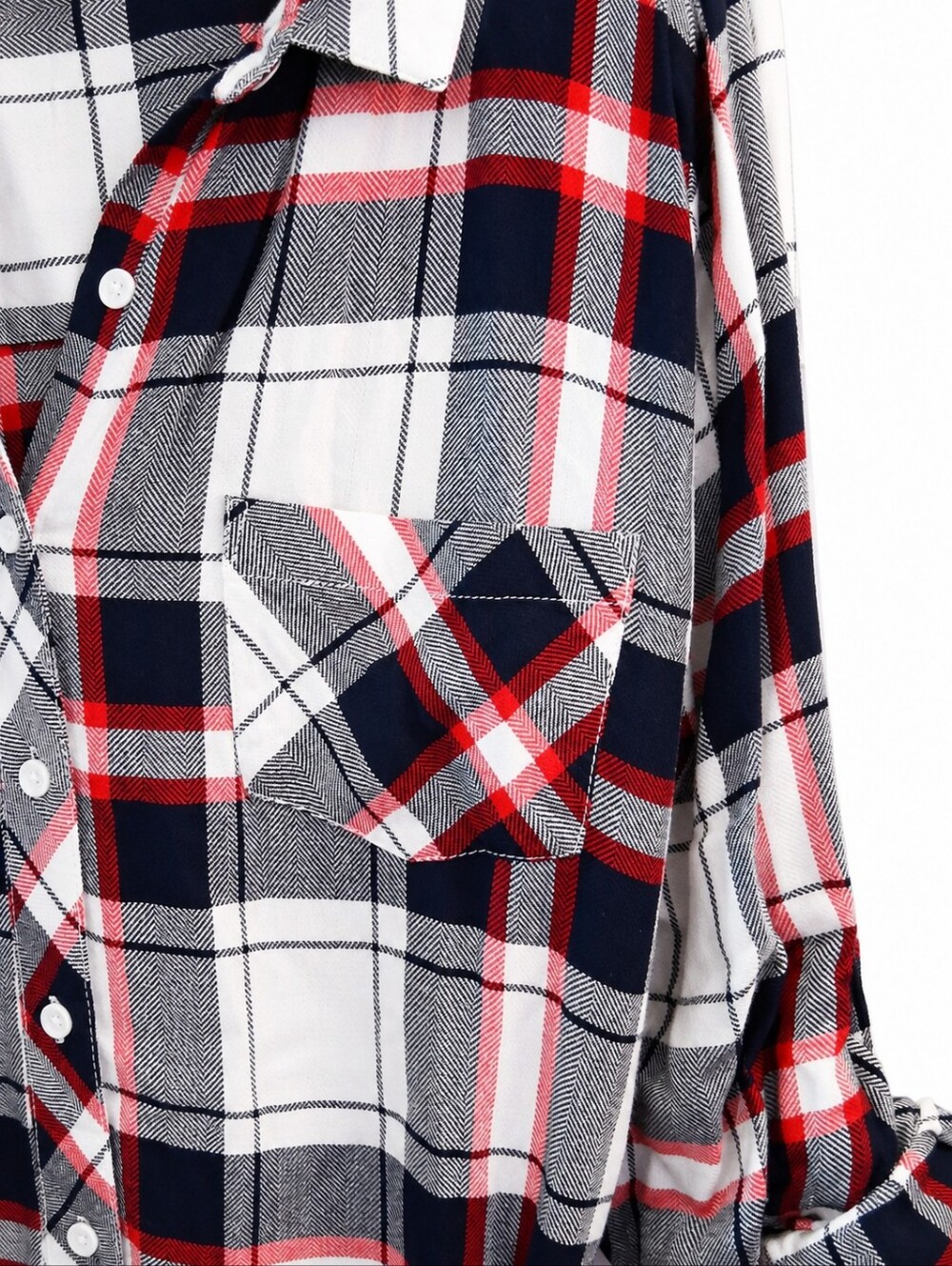 Bll nyc Plaid Button-Front Long Sleeve Shirt Dress in Navy, Red, White. - Picture 5 of 6